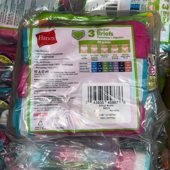 Hanes Girls’ Tagless Briefs – LOT - 144 pcs – 12 packs (3 pcs each) – Size 8
